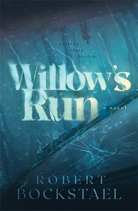 Dark blue book cover for WIllow's Run. Rain on shattered windshield.