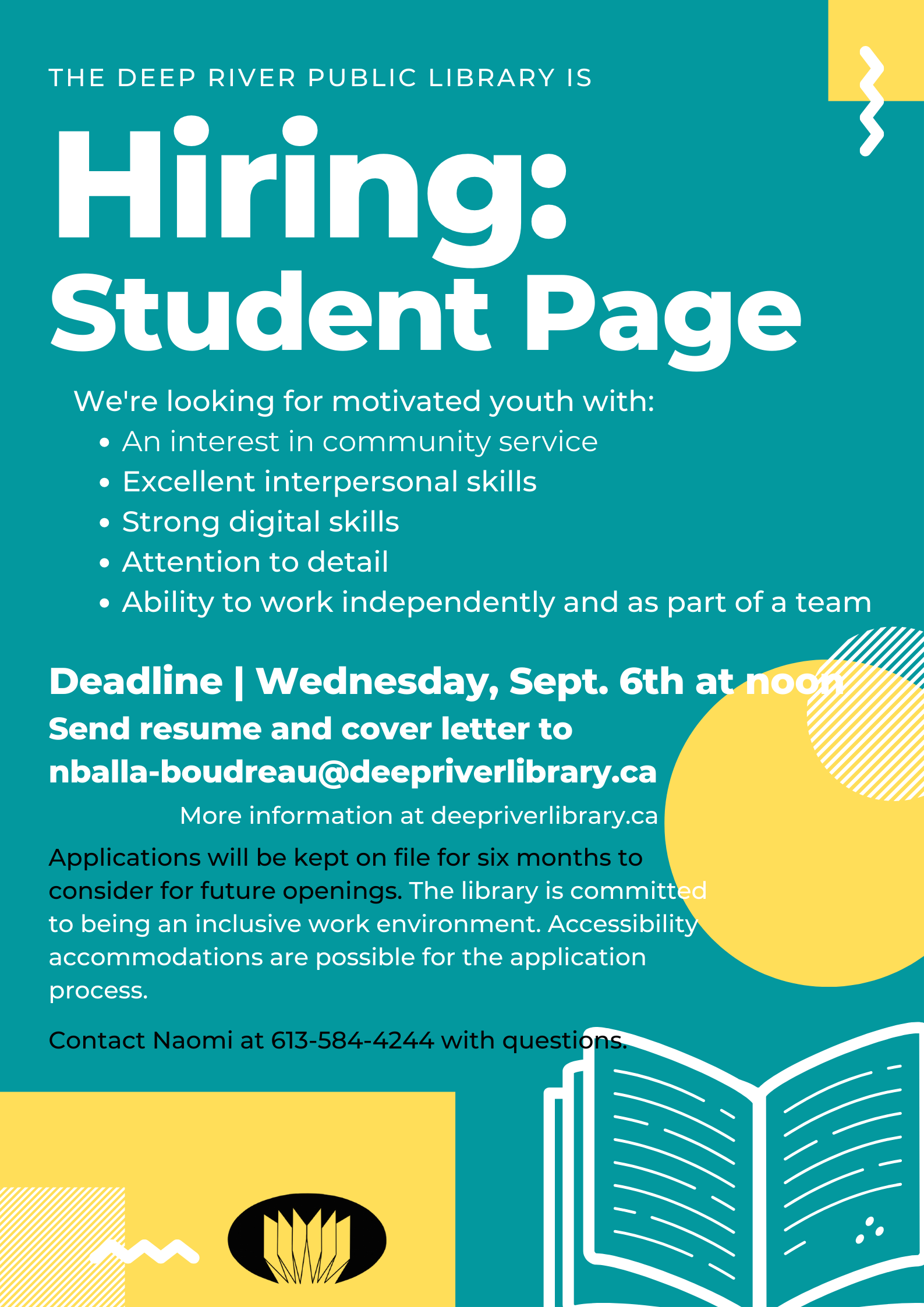 Teal poster with yellow splashes advertizing student page position opening. Geometric shapes and an outline of a book.