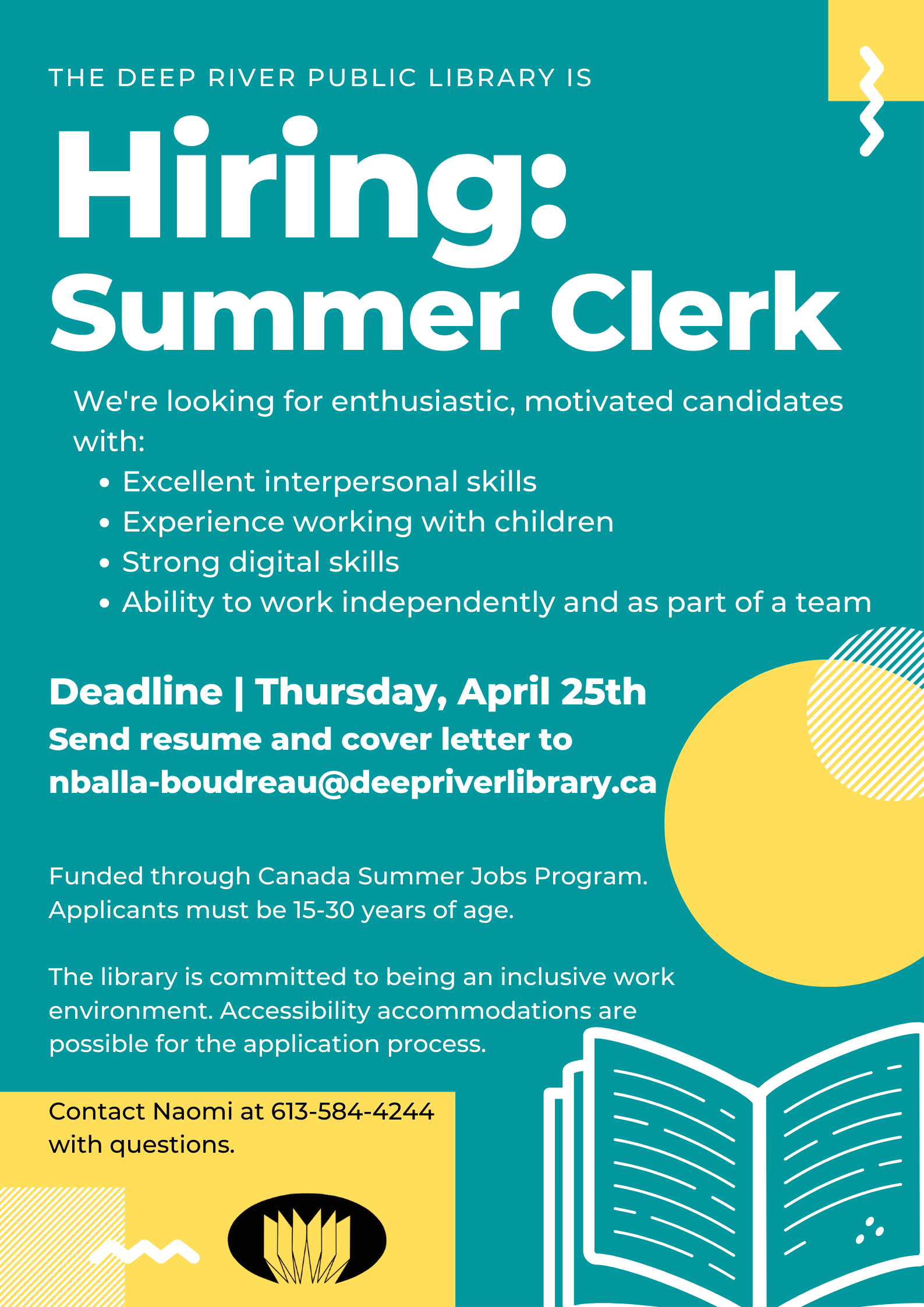 Job posting for summer clerk with turquoise backround, yellow accents, and an open book.