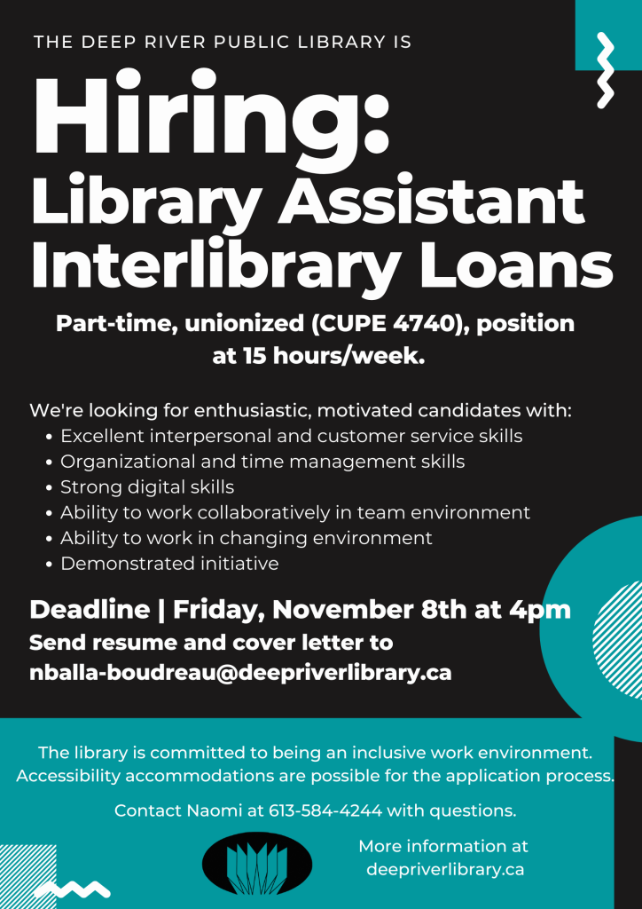 Job posting with white text on black background with turquoise geometric shapes.