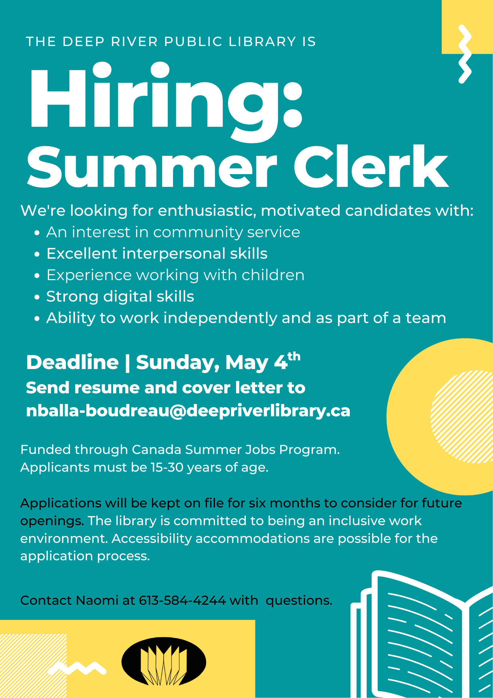 Turquoise advert with bright yellow geometric shapes and books